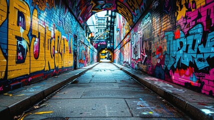 Naklejka premium Colorful Graffiti Alleyway with Brick Walls and a Narrow Passageway Leading to a City Street