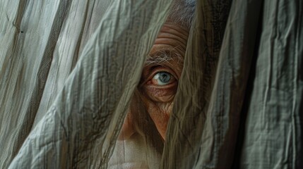 Obraz premium An elderly man looks out from behind a grey curtain.