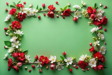 Fototapeta premium A frame made of red and white flowers on a green background