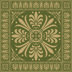 Vector gold with green classic Greek square ornament. Rectangle of Ancient Greece and Roman Empire. Byzantine painting of walls, floors and ceilings. Decoration of European palaces
