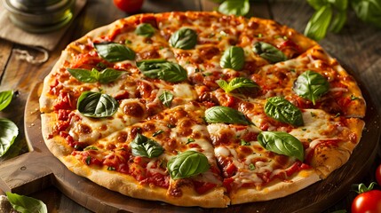 Margherita Pizza: A crispy, thin crust topped with vibrant red tomato sauce, melted mozzarella cheese, and fresh basil leaves.