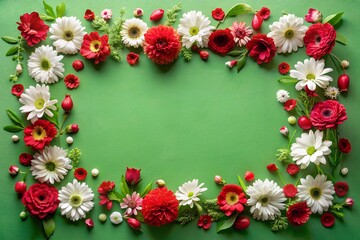 Fototapeta premium A frame made of red and white flowers on a green background