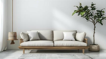 View of modern scandinavian style interior with sofa. Home staging and minimalism concept