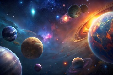 the convergence of all planets in the same trajectory. the planetary shift. background starry planetary universe