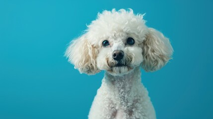 Beautiful white toy poodle with continental clip on blue backdrop