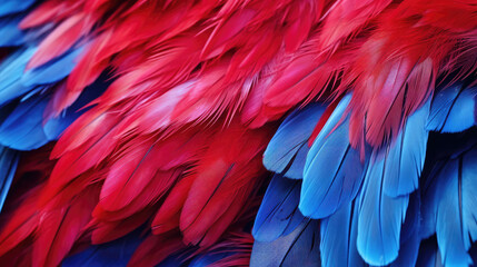 Fototapeta premium Closeup of a colorful parrot. Parrot feathers, red and blue exotic texture, generative ai