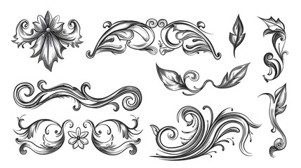Fototapeta premium Vintage decorative elements doodle set. frames, borders, swirls, dividers, ribbons, wedding page decor In sketch style. Hand drawn vector illustration isolated on white background 
