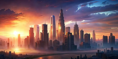 Obraz premium Modern city skyline with skyscrapers at sunset, symbolizing success, ambition, and leadership , business, executive, Indian, confident, rich, city, urban, skyline, skyscraper, futuristic
