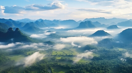 Foggy landscape in the jungle. Fog and clouds mountain tropical valley landscape. aerial view, wide misty panorama, generative ai
