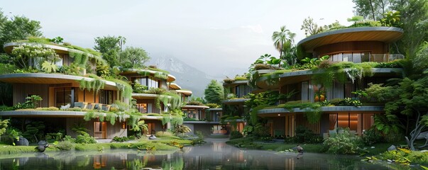 Fototapeta premium A self-sustainable community living in harmony with nature, using renewable energy sources and practicing eco-friendly lifestyles.