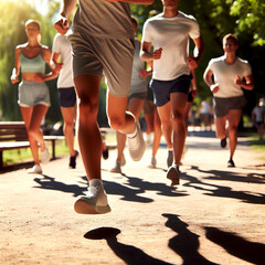 young people jogging in the park with backlit sunlight  selective focus