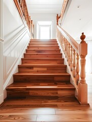 wooden staircase in bright hallway with hardwood floor. cozy house interior