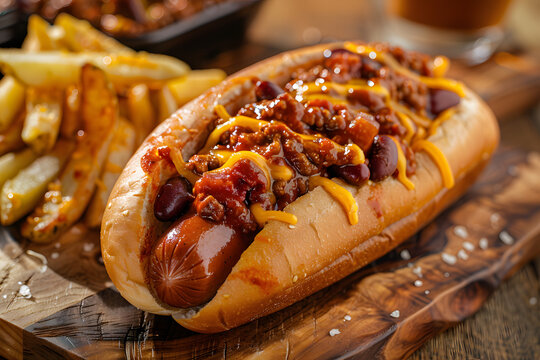 Mouthwatering chili cheese hot dog with fries on rustic wooden board