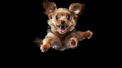 Funny dog flying in the air. jumping puppy. Cute happy playful doggy or pet isolated on black background. Cute, happy crazy dog headshot smiling on black background with copy space, generative ai