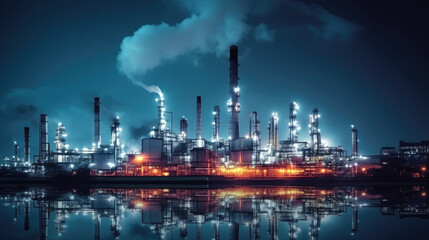 Fototapeta premium Blurred Oil refinery plant from industry zone at night. Oil and gas petrochemical industrial. bokeh wide panorama. Refinery factory oil storage tank and pipeline steel at night, generative ai