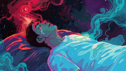 A colorful illustration of a person lying down, seemingly experiencing nighttime reflux, with abstract waves of red and blue light symbolizing discomfort.
