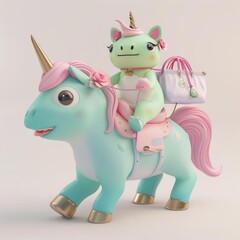 Playful and cute 3D render in kawaii style of a frog riding a unicorn while shopping for exclusive brands, on a white background
