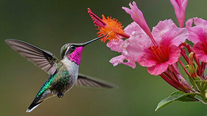 Fototapeta premium Hummingbird with Pink Flower in Natural Habitat