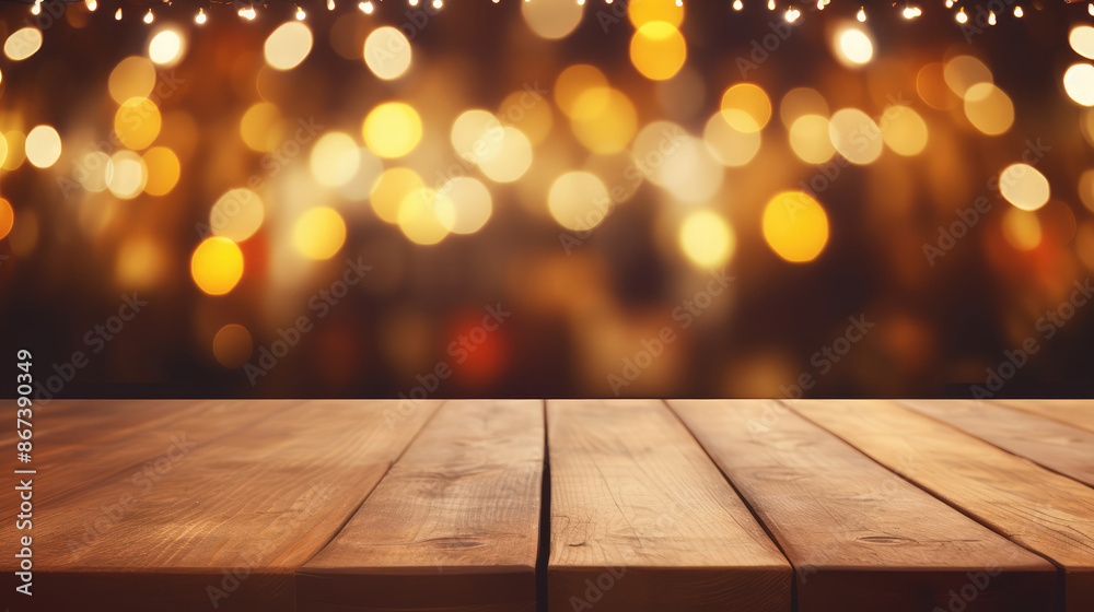 Wall mural empty wooden table top with lights bokeh on blur restaurant background., generative ai