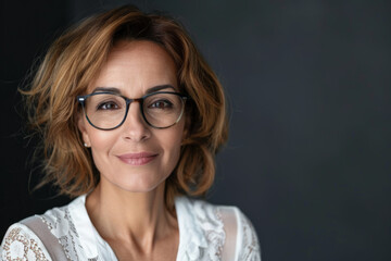 Fototapeta premium Close-up portrait of a senior woman of Middle Eastern descent, studio photo, against a sleek gray studio backdrop