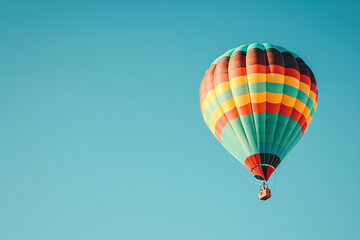 Naklejka premium A colorful hot air balloon against a clear blue sky, creating a sense of adventure and freedom with ample copy space.