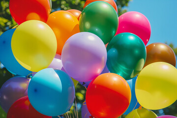 A vibrant cluster of colorful balloons against a bright blue sky, capturing the essence of a festive celebration and joy.