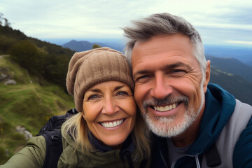 AI generated picture of happy elderly people couple on weekend trip together