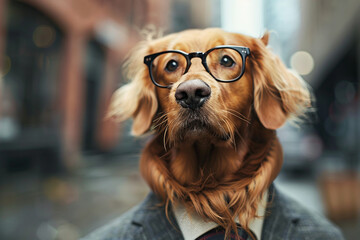 AI generated photo image of dog wearing suit sitting in office