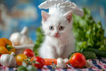 AI generated photo image of funny cat professional chef in the kitchen