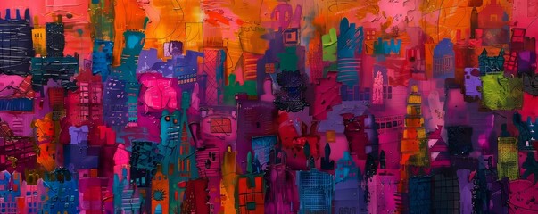 Creating a vibrant cityscape painting with impasto technique, this artwork captures urban life with textured brushstrokes and palette knife on canvas. Perfect for adding artistic flair to any space