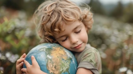Fototapeta premium Young Child Holding Globe with Closed Eyes, Dreaming of a Better Future