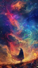 Obraz premium Wizard is standing in a field, looking up at a colorful nebula and galaxy in the clouds. The scene is full of magic and wonder
