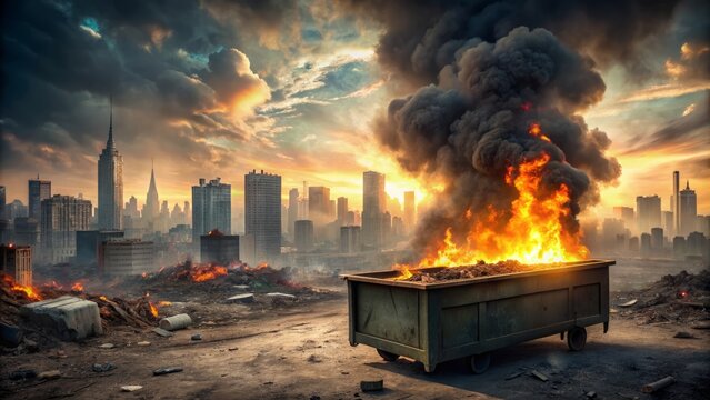 Ablaze dumpster amidst desolate, ravaged cityscape with smoke-filled horizon and charred buildings, symbolizing catastrophic societal collapse.