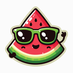 Vintage summer poster design with vector donuts, watermelon, surfboard & sunglasses, characters.