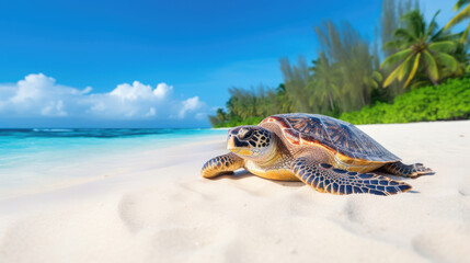 Obraz premium Sea Turtle on the tropical sandy beach with ocean waves. tropical background. Ocean foam macro and white sand with narrow focus background. travel and vacation concept, generative ai
