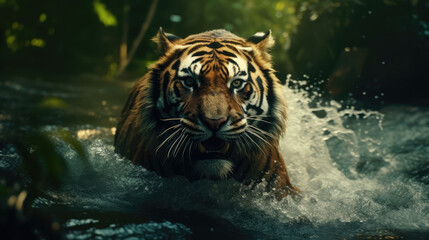 Tiger runs on water, in forest. Dangerous animal. wildlife animal background. Animal in a green forest stream., generative ai