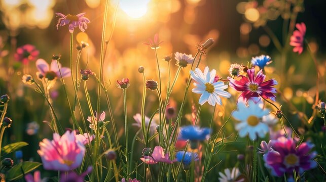 A meadow filled with flowers during sunset, with the flowers in the foreground captured in a realistic photo, backlit to emphasize their details