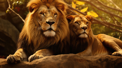 Fototapeta premium Majestic African lion couple loving pride. wildlife background with copy space., generative ai