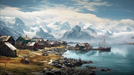 Naklejka premium Picturesque village on coast of Greenland. digital art, generative ai
