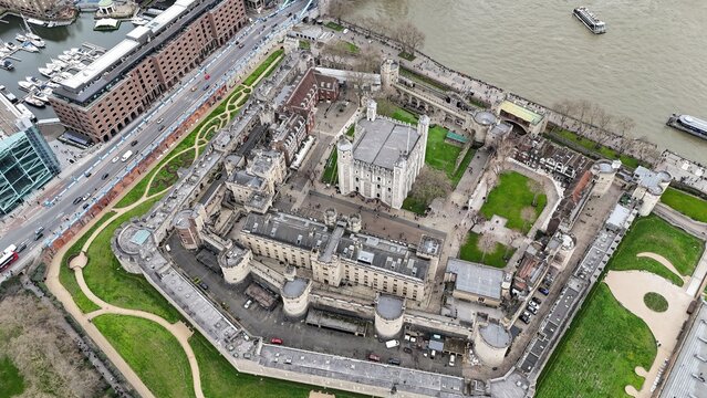 Tower of London UK Overhead birds eye drone aerial view  ..
