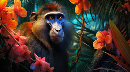 Close-up portrait of Mandrill monkey in tropical flowers and leaves. Picturesque portrait Wildlife animal. Digital illustration, generative ai