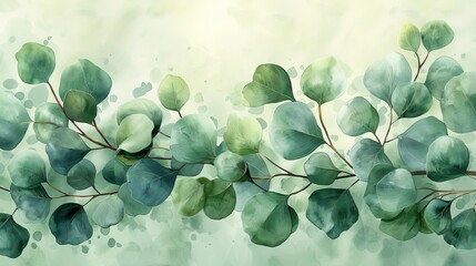 Watercolor painting of eucalyptus branches creating a serene and natural backdrop, perfect for wellness, nature, and relaxation themes