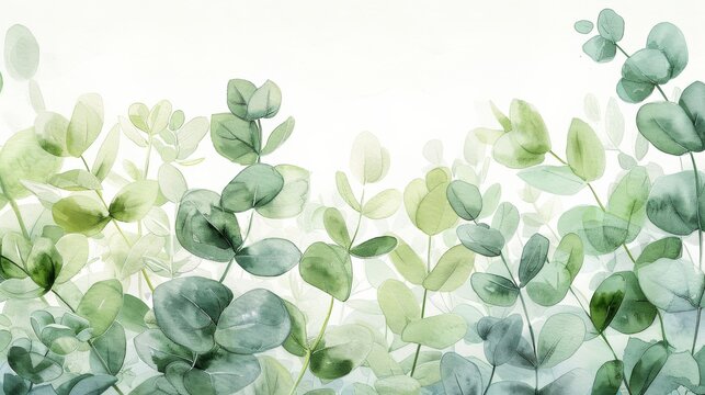 Serene watercolor painting of eucalyptus leaves, with delicate brushstrokes and subtle colors, creating a fresh and natural feel