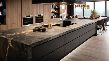 Modern kitchen interior, marble kitchen island with electric stove with induction, cooktop in kitchen, generative ai