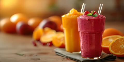 Two glasses of fruit smoothies, one pink and one orange, are displayed on a wooden table with a gray napkin underneath. 