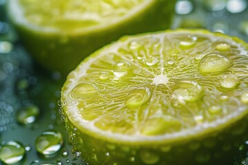 A background of limes in drops of moisture gives a feeling of freshness and coolness on a hot day, suitable for banner layouts and advertising projects
