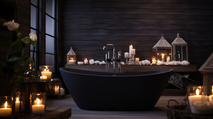 Obraz premium Burning candles in elegant dark bathroom interior with modern bathtub. Romantic atmosphere, burning scented candles., generative ai