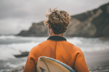 Fototapeta premium Hot summer day with beloved hobby, man woman child pet surfing catching waves sea ocean Generative AI