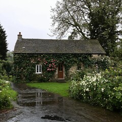 Fototapeta premium English overgrown house after a downpour