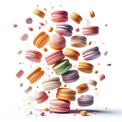 Obraz premium Isolated background image of colorful macarons falling down transparent background PNG.